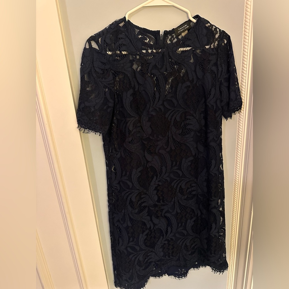 Tahari navy lace overlay mini dress